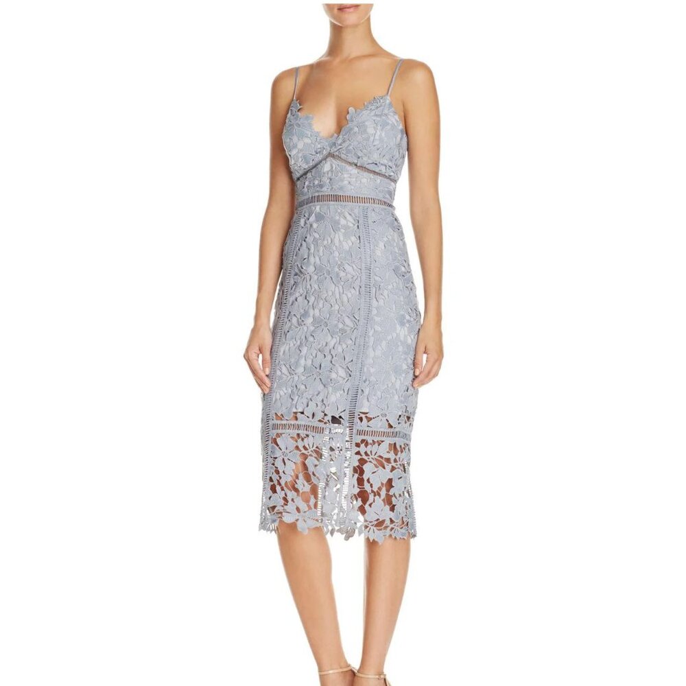 Bardot Dusty Blue Lace Midi with Sheer Hem